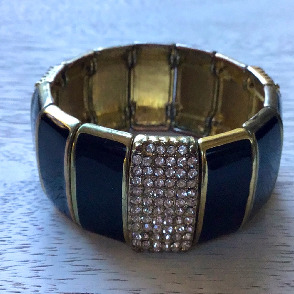 Gold Tone Crystal Black Enamel Stretch Bracelet